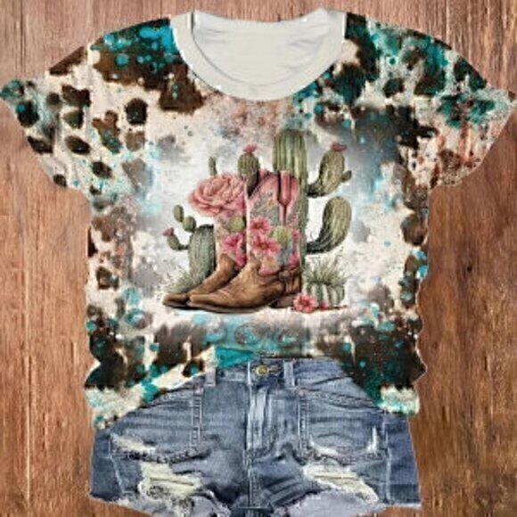 Boots & Cactus Print Crew Neck T-Shirt, Casual Short Sleeve Top XXL - Picture 1 of 3